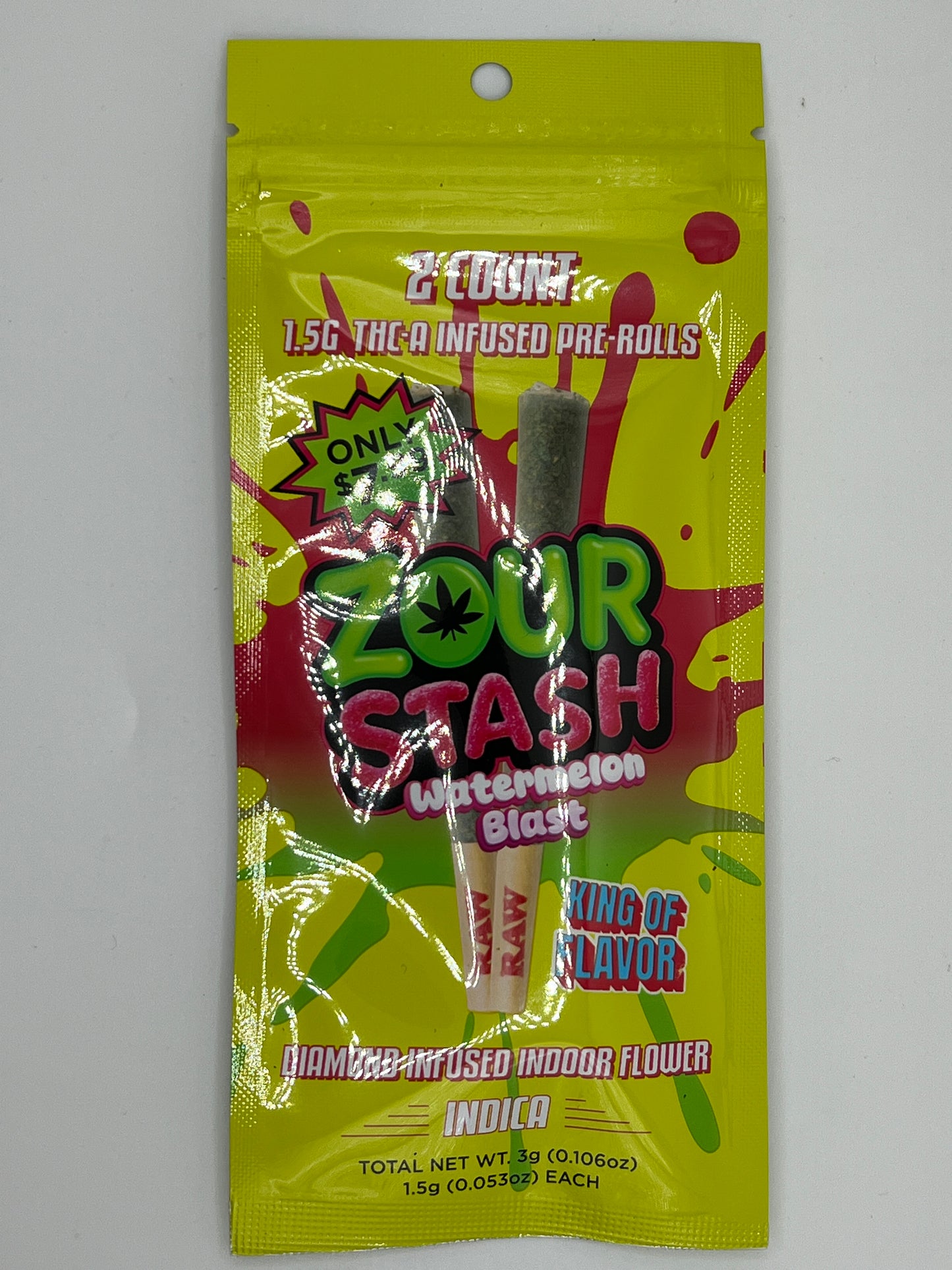 Watermelon Blast (Indica) / Zour Stash - Diamond Infused Indoor Flower (2ct X 1.25g THC-A Infused Prerolls)